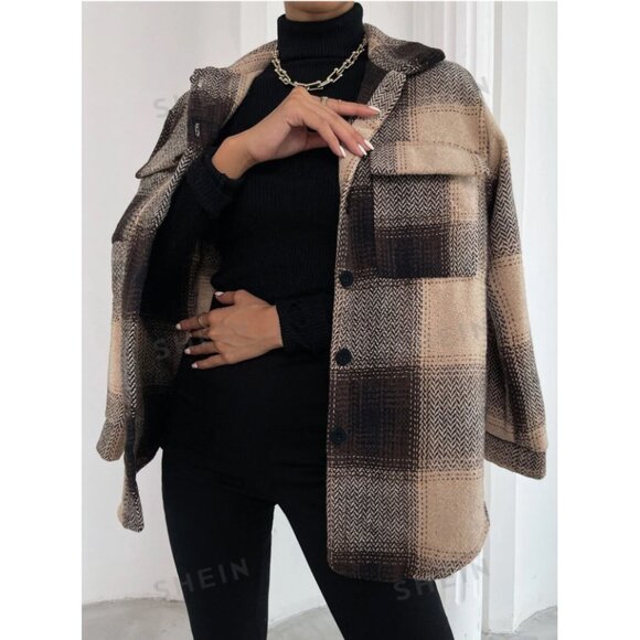 SHEIN Jackets & Blazers - Oversized Plaid Shacket Jacket – Neutral Brown Checkered Coat Size Large